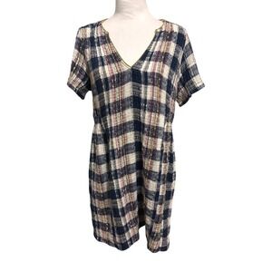 dRA Anthropologie Plaid Shift Dress Women MP Navy Woven Cotton Boho Coastal